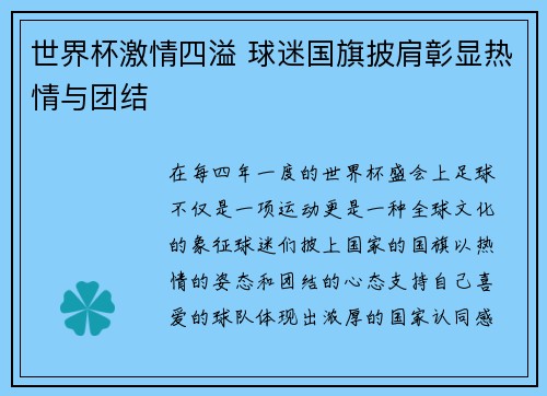 世界杯激情四溢 球迷国旗披肩彰显热情与团结